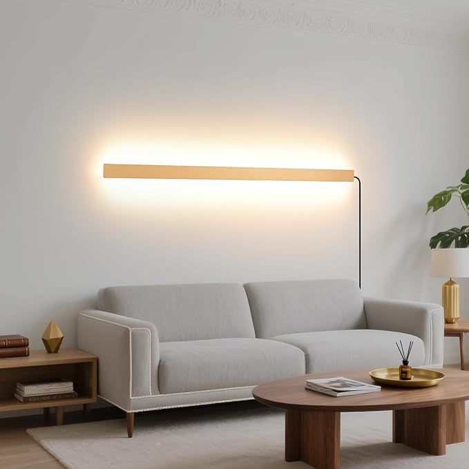 Modern Plug in Long Wall Sconce, 39" Gold Matte LED Wall Lights, 20W Warm White 3000K Acrylic Indoor Wall lamp, with 59" Plug Cable for Bedroom, Living Room, Hallway
