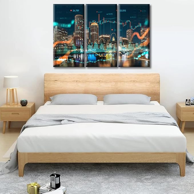 TUMOVO 3 Panel Concept of International Trading Paintings Black and White Wall Art Boston Night Time Painting Wall Decor for Living Room Minimalist Artwork Ready to Hang (42" Wx28 H)
