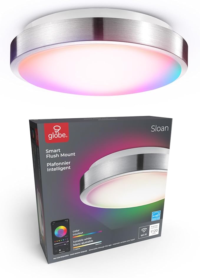 Globe Electric 60839 Wi-Fi Smart 11" Flush Mount Ceiling Light, Brushed Nickel, No Hub Required, Voice Activated, Energy Star, 16 W, Multicolor Changing RGB, White 2000K - 5000K, 1120 Lumens, 80 CRI
