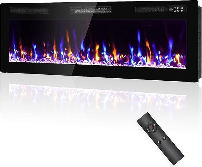 2025Upgraded 50” Electric Fireplace Recessed and Wall Mounted Fire Places Ultra Thin Narrow Beleze with Remote Control, Screen Control, Adjustable Flame Colors and Speed