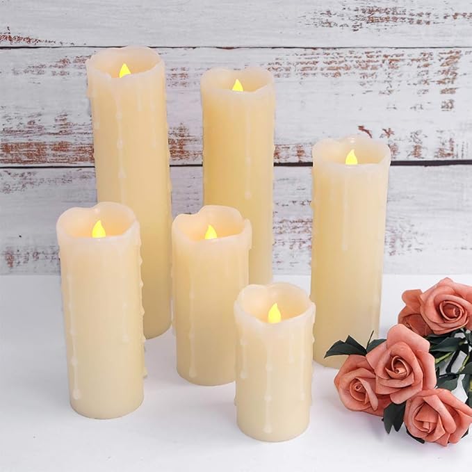 DRomance Flameless Flickering Candles Battery Operated with Remote and Timer, Set of 6 Dripping Wax LED Pillar Candles Halloween Christmas Holiday Indoor Decor(Ivory, 2.2 x 4-9 Inches)
