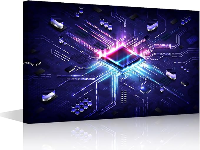 TUMOVO Canvas Wall Art for Bedroom AI Cyberpunk Tech Wall Paintings for Living Room Circuit Board Chip Office Modern Wall Art CPU Concept Pictures Print On Canvas Giclee Framed, 24x16in