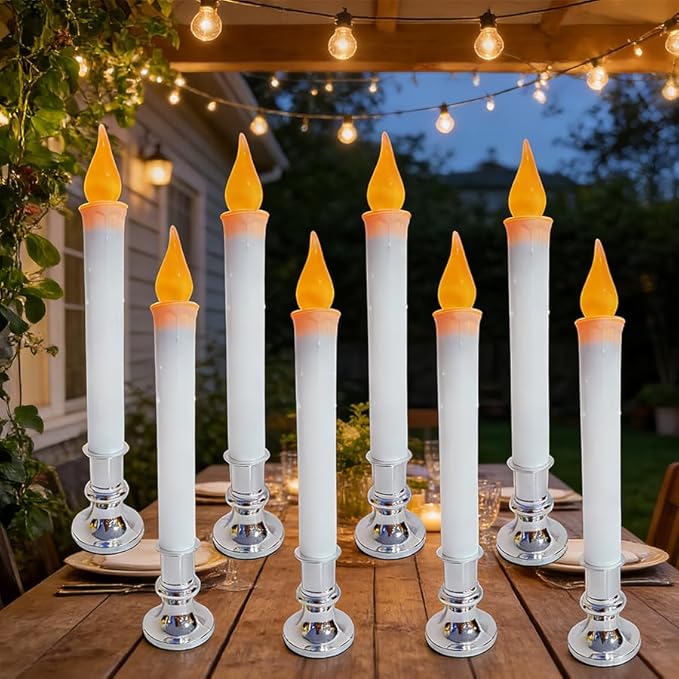 8 Pack 9" LED Candle Lights with Dusk to Dawn Sensor, Silver Base Battery Powered Flameless Candles for Indoor Table Party Decor