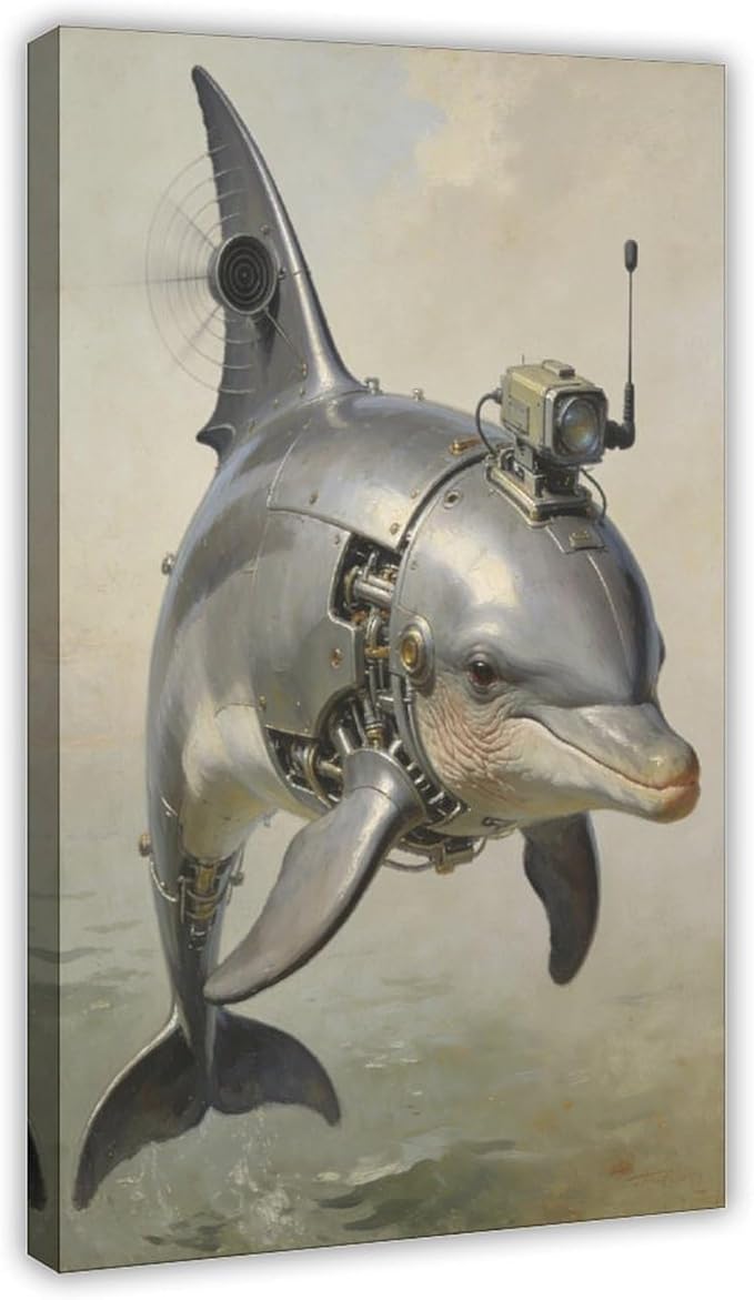 Framed Steampunk Mechanical Dolphin Wall Art - Marine Retro-Futuristic Poster for Beach House Living Room Decor 08x12inch(20x30cm)