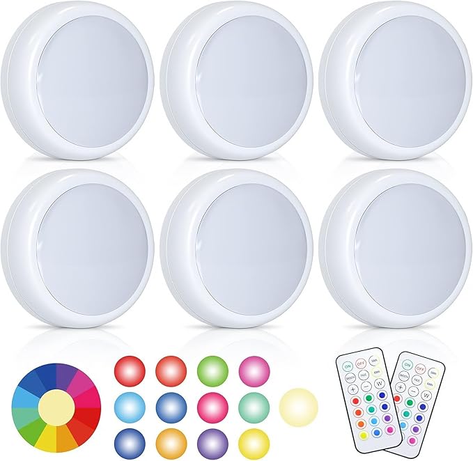 Battery Operated LED Puck Lights with Remote RGB 13 Color Changing Wireless Stick On Closet Push Lights Under Cabinet Lighting with Dimmable & Timing Function for Xmas Decor
