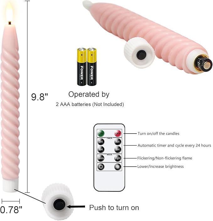 Pink Easter Flameless Taper Candles Pastel Flickering with Remote Timer, 3D Wick LED Spiral Wedding Candles Battery Operated 6 Pack Real Wax Home Birthday Spring Easter Decorations