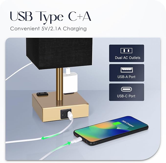 Soilsiu Bedside Lamp with USB Ports - Touch Control Table Lamp for Bedroom with USB C+A Charging Ports & AC Outlets, 3 Way Dimmable Nightstand Light for Living Room (LED Bulb Included, Brass - Black)