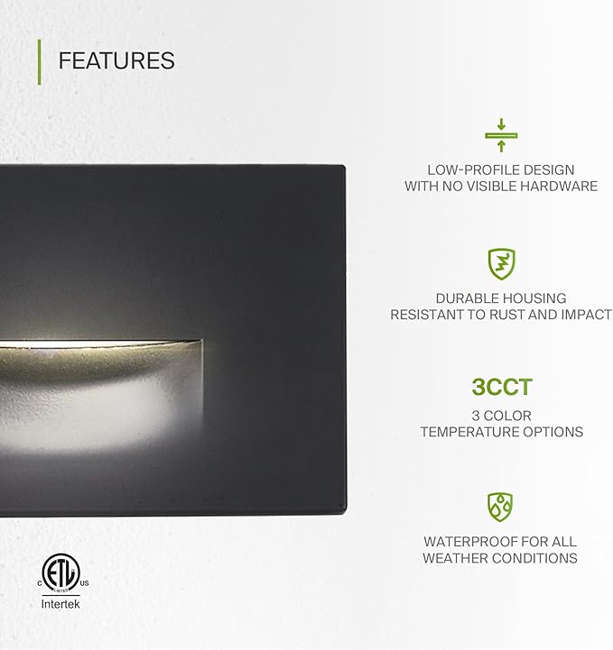 ASD LED Recessed Step Light Fixture, Outdoor & Indoor Stair Tread Lighting | 3CCT, Dimmable, Waterproof, ETL Listed | 3W 120LM 3000K-5000K 120V | Staircase Hardwired Illumination | Black, 4 Pack