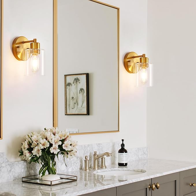 Brushed Gold Wall Sconce, Gold Vanity Light Modernbathroom Light fixtures with Clear Glass Shade Entrance Lamp Hallway Living Room Mount Bathroom Fixtures for Mirror (2PACK)