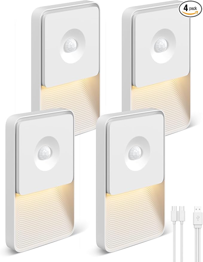 Rechargeable Motion Sensor Night Lights for Stairs, Magnetic Stair Lights Indoor, Warm Dimmable Night Light for Hallway,Bathroom,Bedroom,Closet(4 Pack)