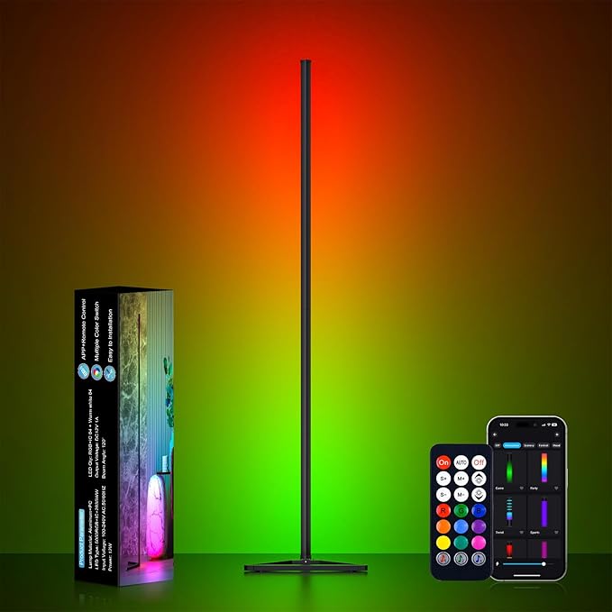 Corner Floor Lamp, 1 Pack LED Corner Lamp with APP and Remote Control, 16 Million DIY Colors & Warm White, Music Sync, Timing Function, Color Changing Ambient Lights for Living Room, Bedroom, Gaming