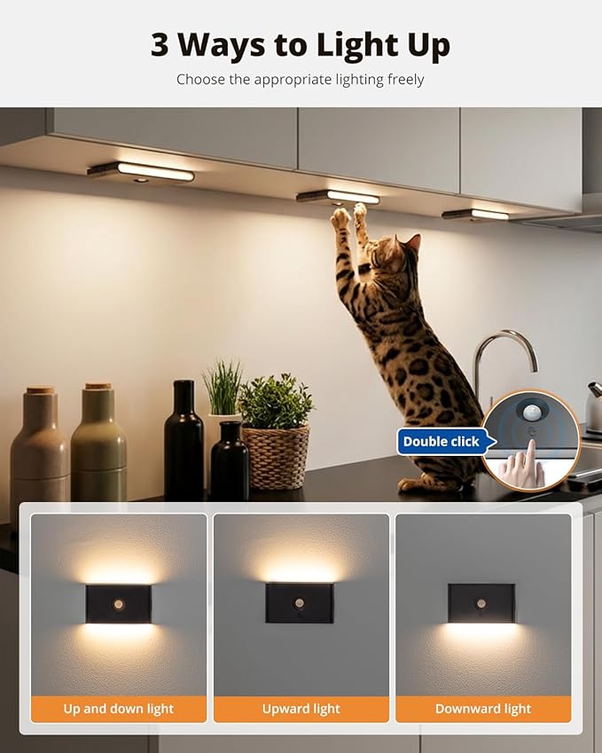wowatt Rechargeable Motion Sensor Stair Light, Black Night Lights with Magnetic Mount, Dimmable Step Lights Indoor for Stairway, Hallway, Kitchen, Bathroom(8 Packs)