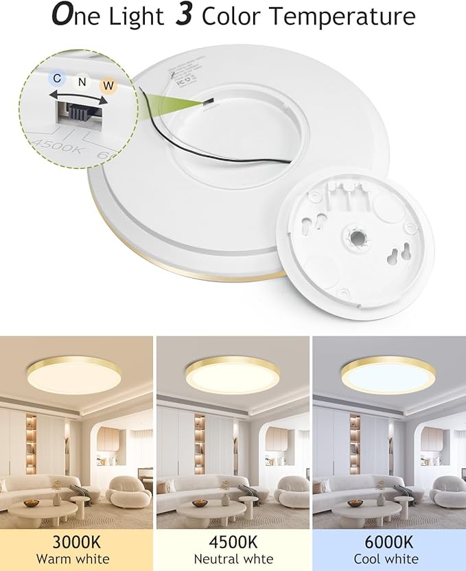 hepside 1PACK Flush Mount LED Ceiling Light Fixture Golden, 12Inch 28W, Dimmable 3000K-4500K-6000K 3 Color Selectable Ceiling Lamp 3200LM Low Profile Ceiling Light for Kitchen Bedroom Hallway