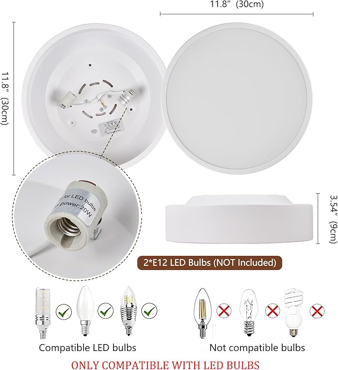 Modern White Flush Mount Ceiling Light, 2-Lights Round Ceiling Light, Minimalistic Ceiling Lamp Acrylic Shade Lighting Fixture for Bedroom Laundry Room Bathroom Hallway(11.8 Inch)