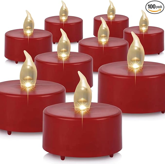 Flameless Tea Lights Candles 100 Pack LED Battery Operated Electric Votive Fake Candles Realistic Flickering and 200+ Hours Long Lasting Bright for Celebrations Festivals (Red)