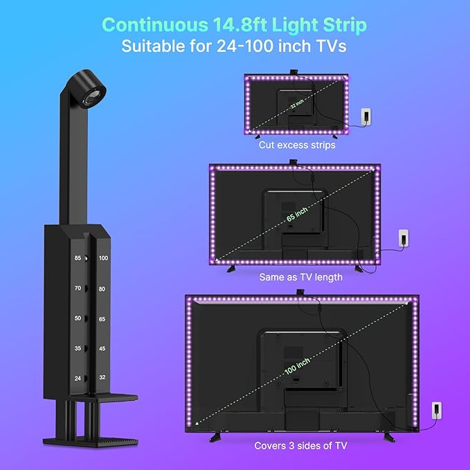 deerdance TV LED Backlight Sync to Screen TV LED Lights That Change with TV Picture Immersive LED TV Light with AR Sensor Camera RGB LED Light Strip for TV PC 65 24-100inch 14.8FT (Remote Control)