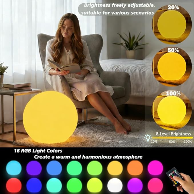 20-inch Large LED Globe Orb Light, Rechargeable LED Ball Light, Dimmable 16 RGB Colors Globe Floor Lamp w/Remote, Indoor/Outdoor Waterproof Glowing Orb Mood Lamp for Home Garden Patio Party
