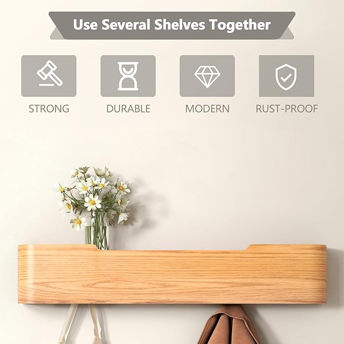 Coat Rack Wall Mount Entryway Organizer Modern Key Holder Wall Mount with Wooden Shelf Entryway Hooks for Bedroom Kitchen Hallway Bathroom for Hanging Coats Hats Dog Leashes Bags Towels