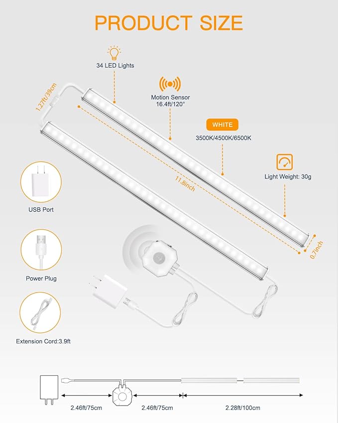 Daymeet Under Cabinet Lights Plug in, 12 Inch Ultra Thin Led Light bar, Motion Sensor Counter Closet Lamp, 3 Color Temperatures 3500K 4500K 6500K Shelf Lights for Kitchen, Workbench, Desk (2 Pack)