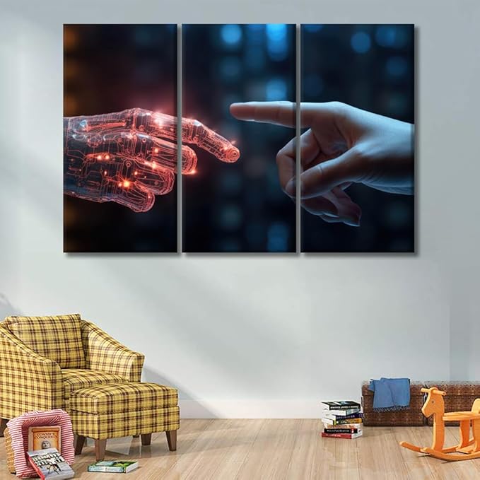 LSIUHWUWI Modern Wall Art 3 Panel The Human Finger touches the Robot's Finger Pictures Print on Canvas for Wall Art Decoration, Wooden Frame Artwork Ready to Hang 20x40inchx3