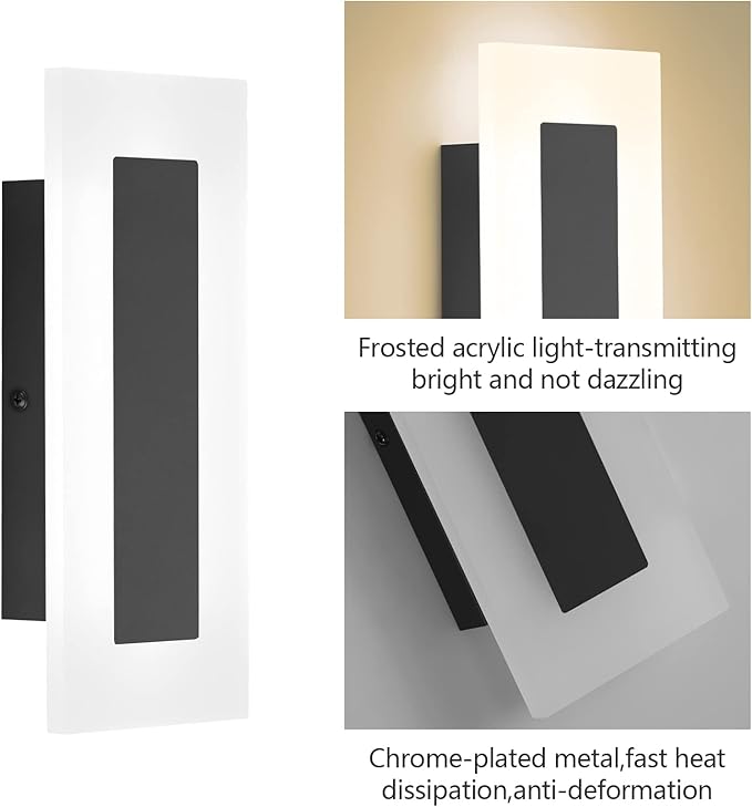 LMQNINE Modern LED Acrylic Black Wall Sconce Warm White Light 3000K for Bedroom Corridor Stairs Bathroom Indoor Lighting Fixture Lamps Home Room Decor (2-Pack)…