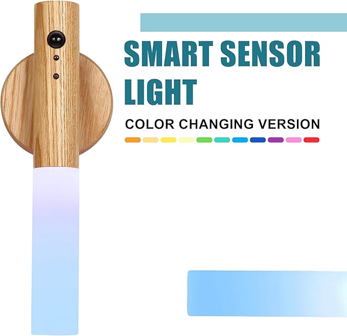LANDGOO Wireless Wall Sconces Set of 2, RGB Motion Sensor Lights Indoor, Rechargeable LED Night Lights with Wood Design for Bedroom/Closet/Stairs
