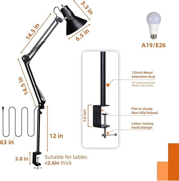 LED Desk Lamp With Clamp for Home Office, Eye-Caring Clip on Light with Adjustable Extra Tall Metal Swing Arm, High Intensity Clamp w/A19 E26 Bulb for Working Reading, 3000k Table Lamps Warm Light