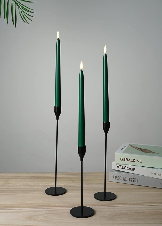 Green Flameless Taper Candles with Remote Control - 11 Inch LED Candlesticks Battery Operated, Realistic 3D Flame with Wick, Timer, Christmas Decor - Set of 6