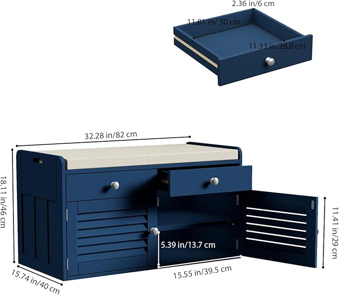 Shoe Storage Bench with Cushion, Shoe Bench, Padded Seat, 2 Drawer Storage, Entryway, Hold up to 300lbs, 15.8 x 32.29 x 18.1 Inches, Blue