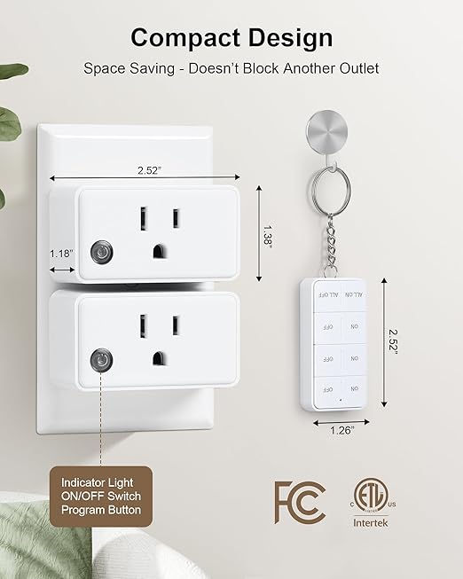 Remote Control Outlet with All On/Off Switch, 200FT Long Range Wireless Light Switch, Compact Design, 15A/1875W High-Power for Lights, Fans, Household Appliances, FCC & ETL Listed
