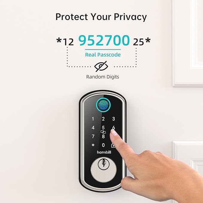 WiFi Smart Door Lock：Hornbill keyless Entry Door Lock with Handle,Fingerprint Smart Lock with 2 Knobs, Alexa Bluetooth Remote APP Control,Auto Locking for Home Hotel,Satin Nickel