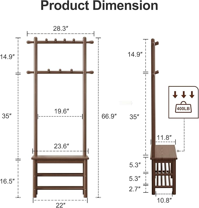 AQIMUELE Coat Rack with Shoe Storage, Narrow Wooden Hall Tree with Bench, 11 Hooks and 2-Tier Storage Shelves, 3-in-1, Entryway Bench with Coat Rack (23.6"-Walnut)