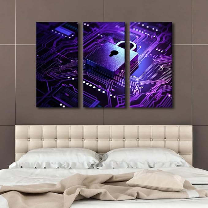 3 Panel Framed Wall Art Cyber Security Concept Posters Prints, Cyber Security and Data Protection Concept Artwork Giclee Wooden Framed Gallery-Wrapped Ready to Hang, 42" Wx28 H