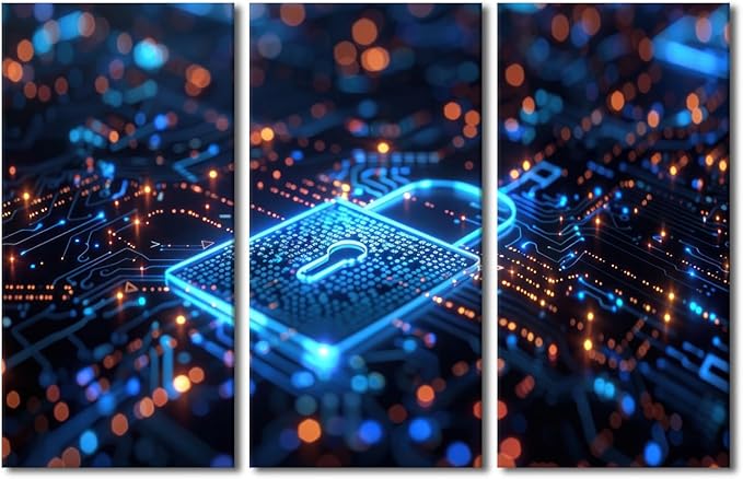 AI Intelligence Picture 3 Pieces Wall Decorations for Living Room AI Canvas Prints Security Lock Symbol Painting Wall Art Contemporary Wall Decor for Home Office Framed Ready to Hang, 42"Wx28"H