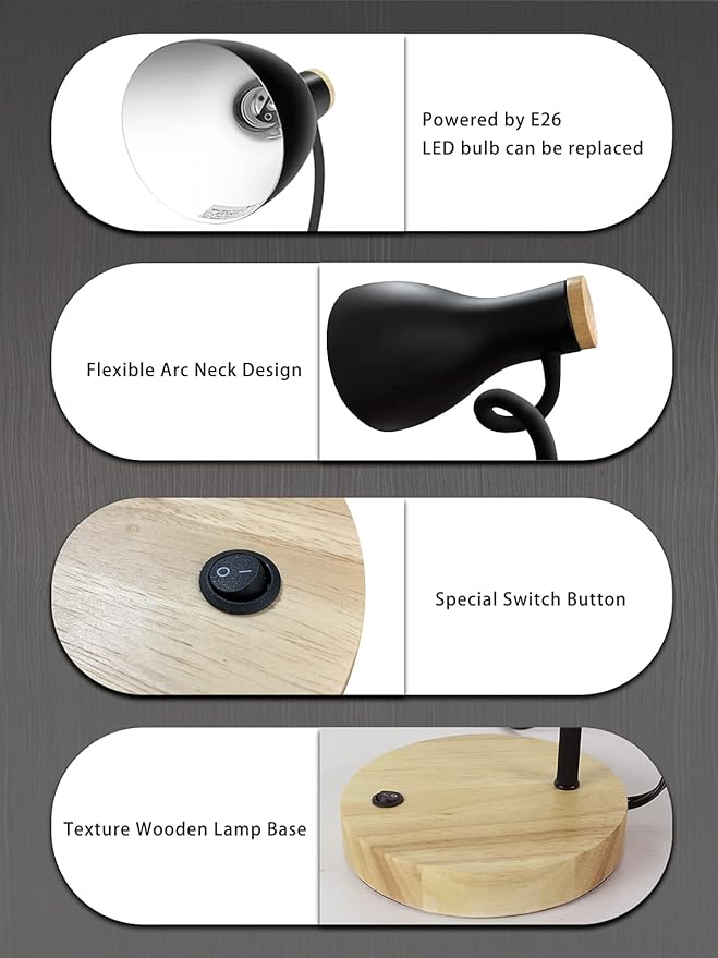Metal Desk Lamp Table Lamp Reading Lights Arc Desk Lamps for Bedroom, Wood Base Bedside Lamp with Flexible Gooseneck for Study Room and Office (Wood Base+Black)