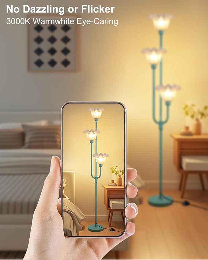 66'' Flower Floor Lamp for Living Room, Vintage Floral Floor Lamp with LED Bulbs, 3 Light 3000K Soft Warmwhite Mid Century Standing Tall Lamps for Bedroom/Sofa Beside/Corner Decor-Grey Green