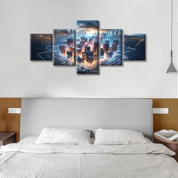 Artificial Intelligence Concept Canvas Wall Art for Bedroom City Smart Brain Wall Art for Living Room Human Brain Energy Wall Art Decor Modern Artwork for Home Framed Ready to Hang (50"Wx24"H)