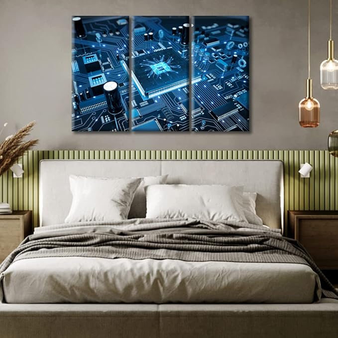 Circuit Board Wall Decor 3 Panels Motherboard Digital Chip Pictures Wall Decor for Bedroom Information Technology Artwork Posters and Prints Wall Decor Living Room Framed Ready to Hang (36"Wx24"H)