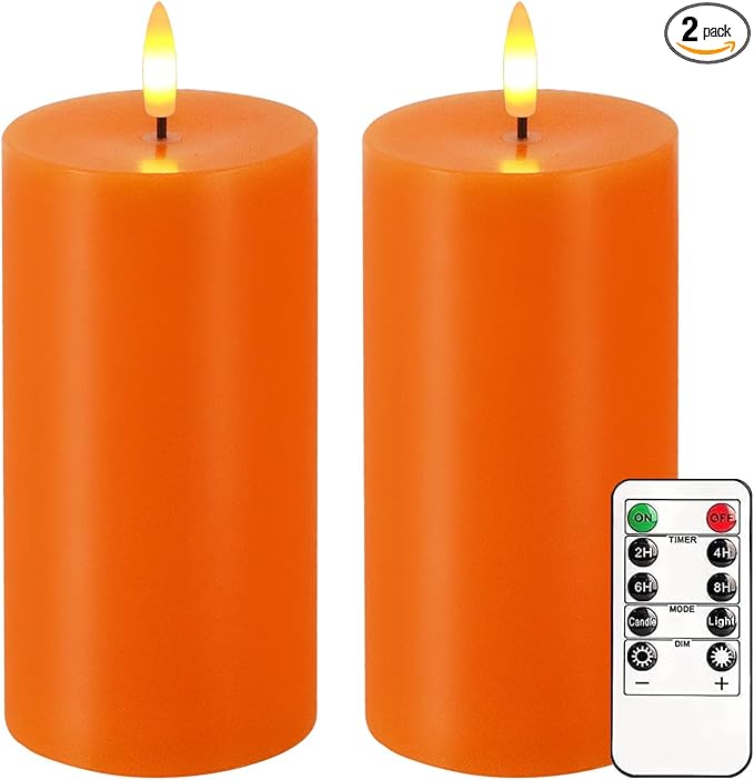 Orange Flameless Candles, Set of 2 7"x3" Flickering LED Candles with Remote & Timer, Dimmable Electric Pillar Candles Battery Operated, Candles Light for Fall Thanksgiving Halloween Decor (Orange)