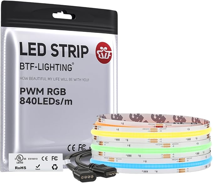 BTF-LIGHTING FCOB COB RGB LED Strip Light, UL Listed, 840LEDs/m High Density Flexible Color Changing Light, DC24V 9.8FT 10mm Width for Bedroom Cabinet Home Indoor Decor(No Adapter or Controller)
