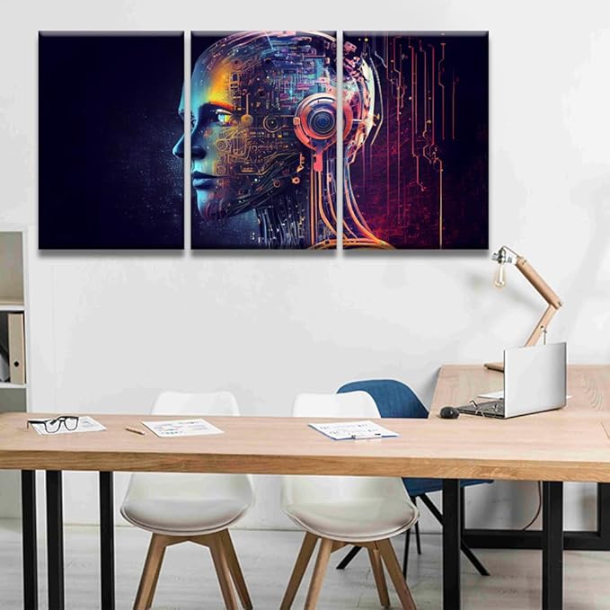 LSIUHWUWI 3 Panel Modern Wall Art Humanoid Head with Blue and Yellow Eyes Pictures Print on Canvas Wall Art for Bedroom Living Room Home Office Wall Decorations Framed Ready to Hang 16x24inchx3