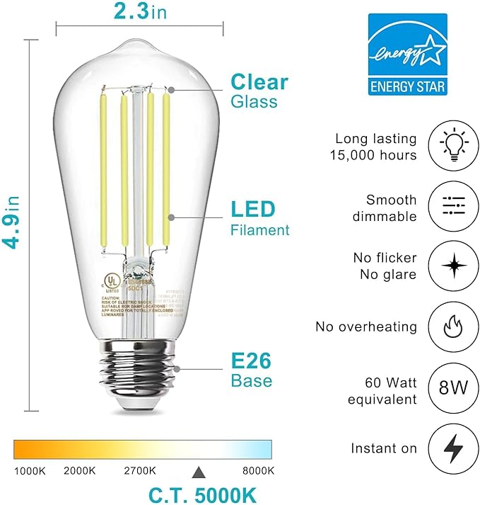 TJOY 10 Pack E26 Base Vintage LED Edison Light Bulbs, 60W Equivalent Dimmable, 5000K Natural White, 8W ST58 LED Filament Bulbs, 800Lumens, CRI80+, Antique Glass Style for Home, Bedroom, Farmhouse