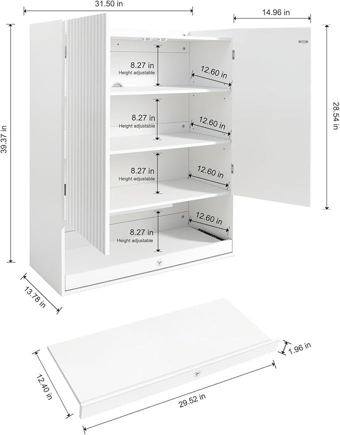 Shoe Cabinet with LED Light, 4-Tier Shoe Storage Cabinet with 2 Adjustable Shelves, Large Shoe Storage with Fluted Panel Modern Shoe Rack for Entryway, Bottom Pop-Up Shoe Rack, White