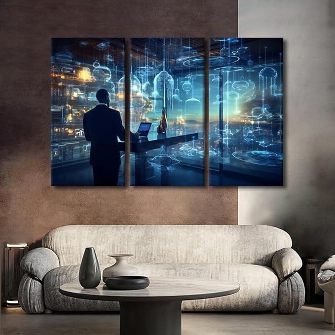3 Panel Artificial Intelligence and Data Analytics Pictures Print on Canvas for Home Office Hotel Wall Decorations, Wooden Framed Gallery-Wrapped Ready to Hang, 60" Wx40 H