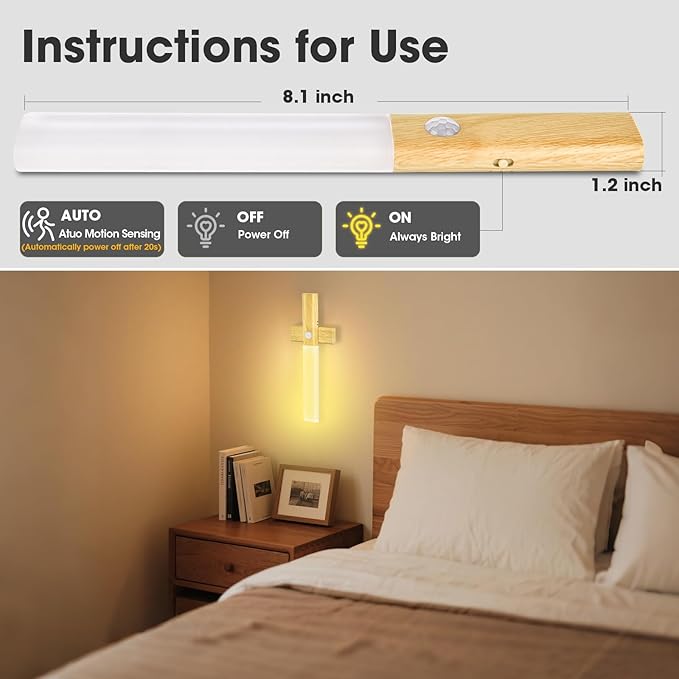 LAVAED Motion Sensor Lights Indoor,LED Rechargeable Battery Operated Wall Sconce Magnetic Stairway Night Light Wireless Portable Decor Lighting for Bedroom, Hallway, Picture,3000K Strip Base 2Pack