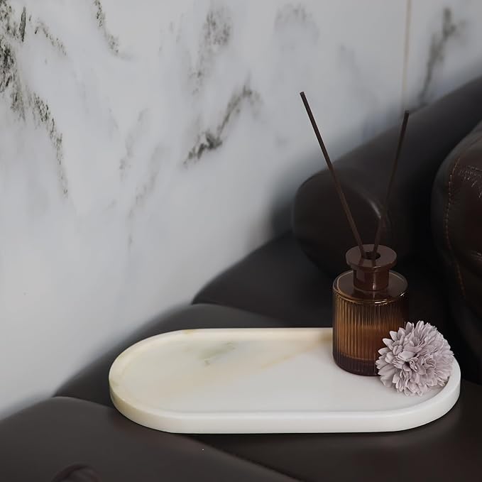 Marble Vanity Tray Organizer - 9.8"x5" Italy Natural Stone Decorative Tray，Jewelry, Perfume & Candle Display Tray，Bathroom Vanity, Dresser Top, Nightstand Decor