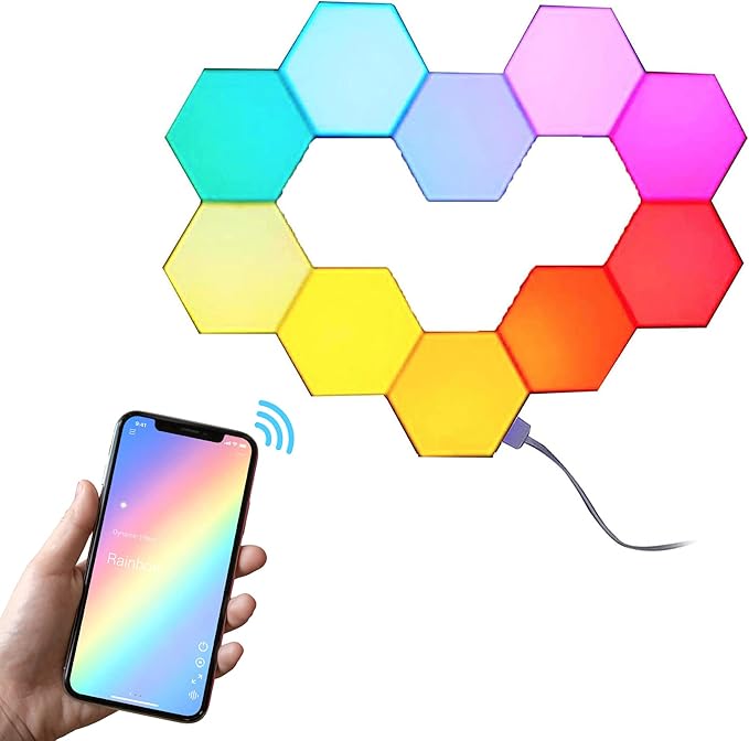 Yescom APP Control 10 Pack WiFi Hexagon LED Light Kit Wall-mounting & 11 Pack Music Sync Smart DIY 16 Million Color Gaming Room Home Compatible with Alexa Google