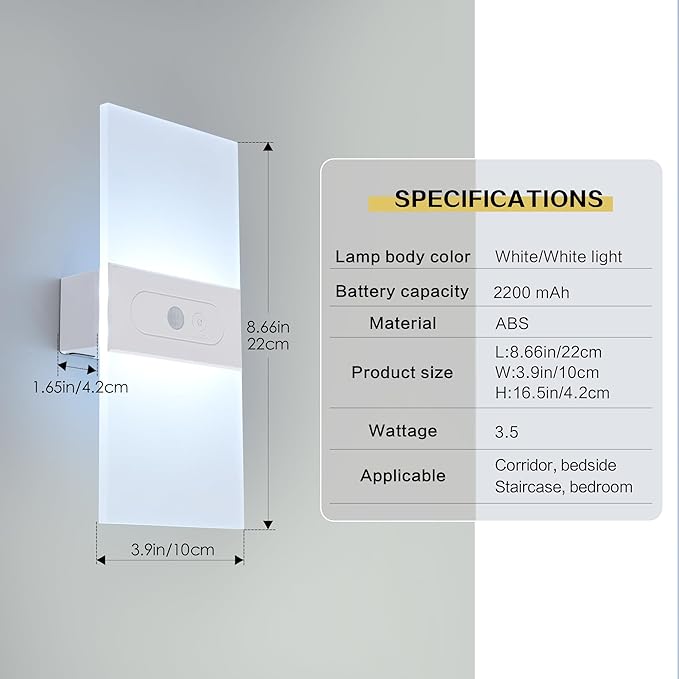 LED Dimmable Wall Sconces 2Pack,2200Mah Battery Operated Motion Sensor Magnetic Modern Wireless Wall Lamp with Button Switch Cold White for Bedroom Living Room Hallway