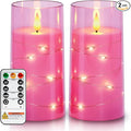 Homemory Flameless Candles with Embedded Star String Fairy Lights, Battery Operated Candles, LED Candle, Fake Candles with Remote Control and Timer, Pink, Set of 2(H 6" 6")
