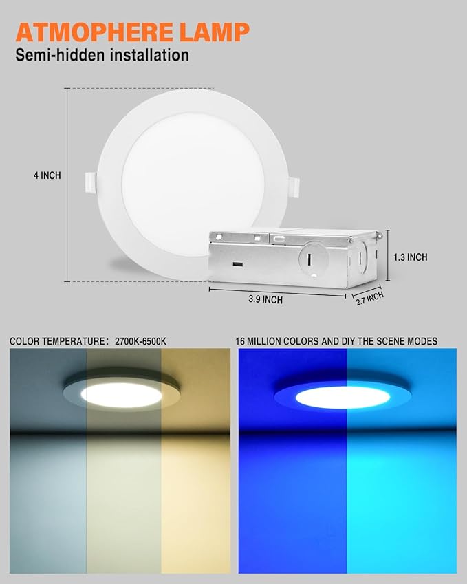 12Pack Smart LED RGB Recessed Lighting 4Inch,Color Changing Canless Downlight,2700K-6500K, 2.4GHz Wi-Fi & Bluetooth,9W 850lm,Works with Tuya App,Alexa & Google Assistant,Gateway Included
